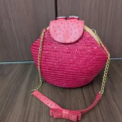 【希少】Casselini かごバッグ ピンク チェーンショルダー赤個性派リボンのサムネイル