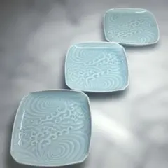 華山窯　青磁　青海波紋　銘々皿　角皿　3枚