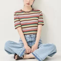 ウォッシャブル ラメボーダー半袖ニット