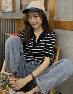 SHEIN ポロネック ストライプ Tシャツ