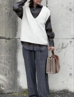 m*o様 タックワイドパンツ　チエック　グレー　S