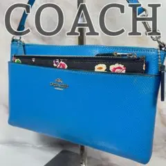 COACH コーチ バッグ レザー ブルー ハンドバッグ　ポーチ付き 花柄