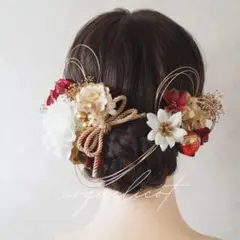 成人式 髪飾り ダリア 赤×ゴールド ／ ヘッドパーツ 卒業式 前撮り 振袖⑪