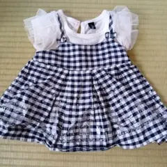 フリル袖 ネイビー チェック柄 トップス