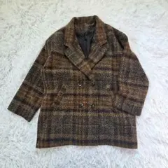 チェック柄　ツイード　コート　ジャケット　ダブルブレスト　Ｆ　ゆったり　茶系