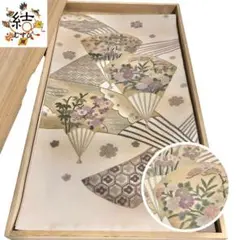 MO-3240 袋帯 相良刺繍 金駒刺繍 扇子に花模様 鳥の子色