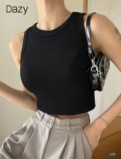 リブニットタンク　クロップトタンクトップ　黒