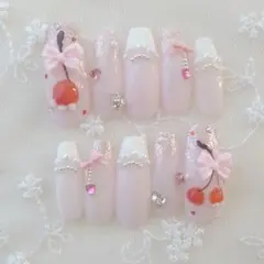 現品❤ワンホン キラキラ ぷっくり さくらんぼ フレンチ 量産型 ネイルチップ