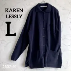 USA製 KAREN LESSLY ニットカーディガン L ネイビー ロング丈