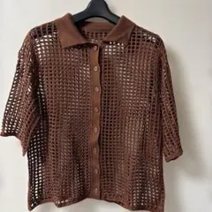 襟付きメッシュ編み5部袖カーディガン