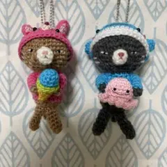 くじら帽子　うさぎ帽子　2人　ねこキーホルダー　あみぐるみ　ハンドメイド