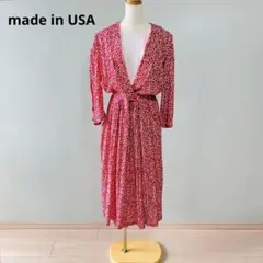 ヴィンテージ USA製 小花柄 デザイン襟 ロングワンピース レッド N102