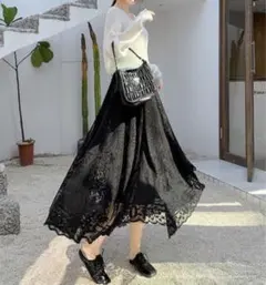 ロングスカート　レース　フレア　シアー　花柄　チュール　きれいめ　カジュアル　黒