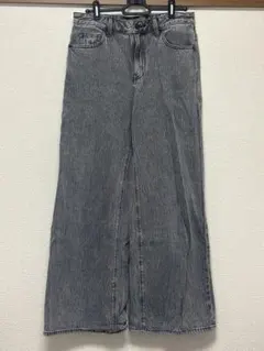 GU グレー ハイウエスト ワイドレッグ デニムパンツ