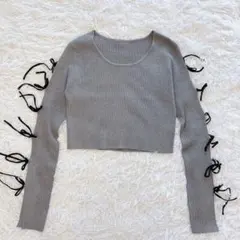 グレイル 袖リボン レースアップ スリット リブニットトップス グレー