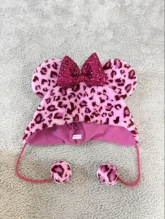 ミニーマウス風ピンクヒョウ柄帽子