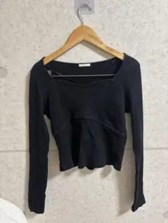 【値下げ】秋ファッションブラック リブ編み 長袖Tシャツ