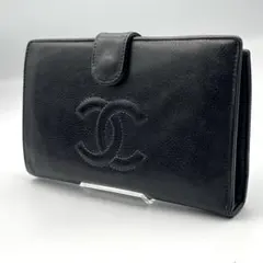 希少✨CHANEL ココ　レザー 長財布 キャビアスキン　黒　ブラック　がま口