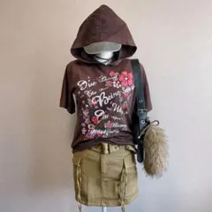 y2k 00s 平成ギャル　グランジ　半袖　パーカー　フーディ　ピチT ブラウン