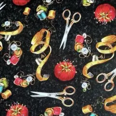 USA コットン タイムレストレジャーズ　裁縫道具　黒地　生地　ハギレ