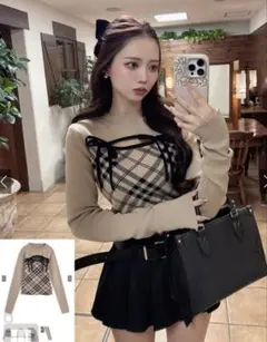 チェック柄フロントオープンリボンニットトップス[ru1374] L