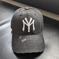 ビンテージ　デニム　刺繍　ロゴ　ベースボール　キャップ　ストリート　ブラック