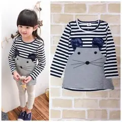 オシャレカワイイ❤️ネズミ&ボーダーワンピ❤️長袖チュニック子供服
