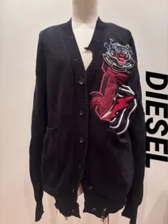DIESEL カーディガン ダメージ 虎ワッペン ニットブラック メンズ XXS