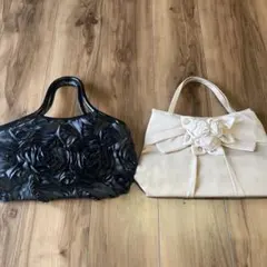 黒花柄と白リボン付きバッグセット