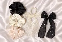 ヘアアクセサリーセット パール付きリボン　シュシュ