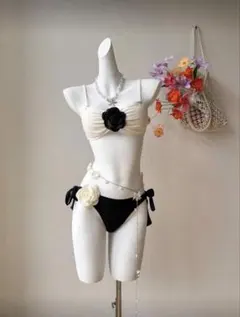 水着 レディース ビキニ フラワー 花柄 シンプル ブラック XS (S)