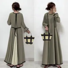 M ロングワンピース　バックプリーツ 春 ボリューム袖 パイピング　b9