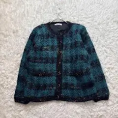 長袖ニットカーディガン ニット セーター 金ボタン チェック柄 ノーカラー