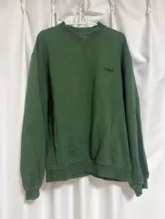 古着 グリーン Vネック スウェット 刺繍ロゴ　【まとめ買い300円引き】