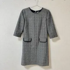 チェックワンピース ひざ丈 七分袖 グレー ポケット付 M