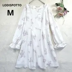 ロディスポット　花柄ワンピース　長袖　リボンショルダー 袖口フリル　フレア　 M