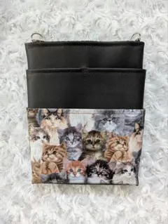 オーガナイザー　 ネコ柄ラミネート×合皮　多機能ポケット　ナースポーチ