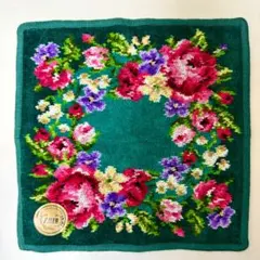 【新品未使用】FEILER 花柄 タオルハンカチ 25cm角 グリーンxピンク