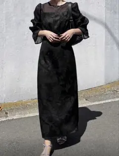 お呼ばれ オケージョンドレス ブラックフリルスリーブロングドレス