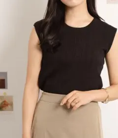 新品★ノースリーブリブニットトップス★フレンチ袖ニットリブ編みノースリーブニット