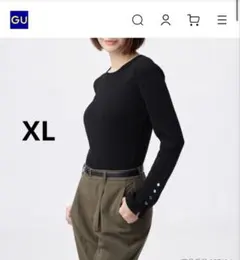 【GU】ジーユー　ブラックリブニットボタンスリーブプルオーバー長袖XL金ボタン黒