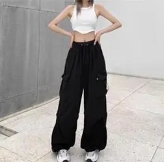カーゴパンツ ワイドパンツ 黒 Mサイズ ストリート スノーカモ 韓国 裾絞り