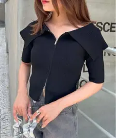 INGNI ビッグカラーフロントジップ半袖ニットカーディガン