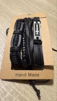 ハンドメイド ブラックレザーバングル 3本セット