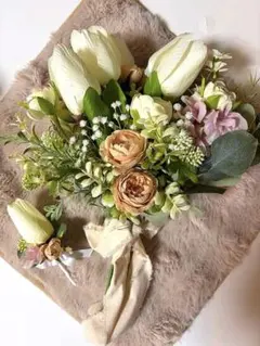 くすみピンク ウェディングブーケ ブートニア付き ドライフラワー 結婚