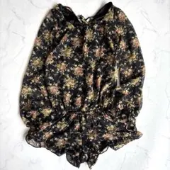 花柄フリルコンビネゾン　オールインワン　【F】ブラック　シアー素材　コナブルー