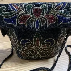 レトロ未使用豪華総ビーズ刺繍 ショルダーバッグ 黒　アンティーク　パーティー