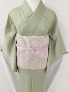 新品未使用 洗える単衣紋意匠色無地 グリーン Mサイズ 着物 ポリエステル
