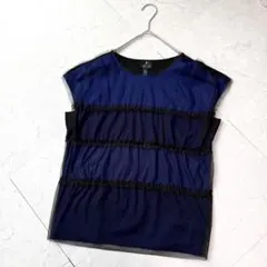 LANVIN フリル チュール ノースリーブ カットソー 40 ブルー ブラック