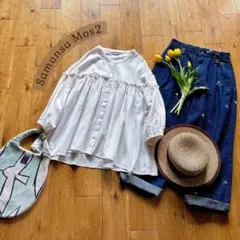 サマンサモスモス＊フリル×ギャザー 七分袖ブラウス 白×ベージュ ボリューム袖